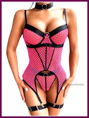 Rave Fishnet Lingerie Set Strappy Backless Choker Garter G-String